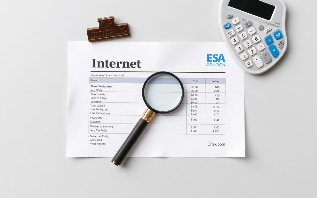 A printed internet bill being reviewed with a pen