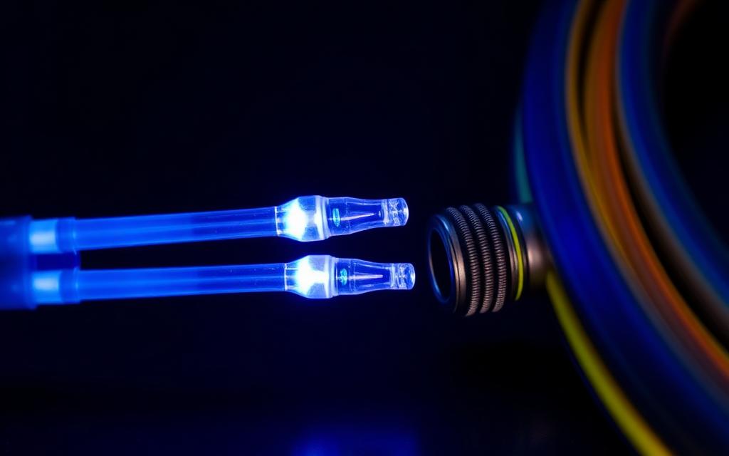 Close-up comparison of fiber optic and coaxial cable