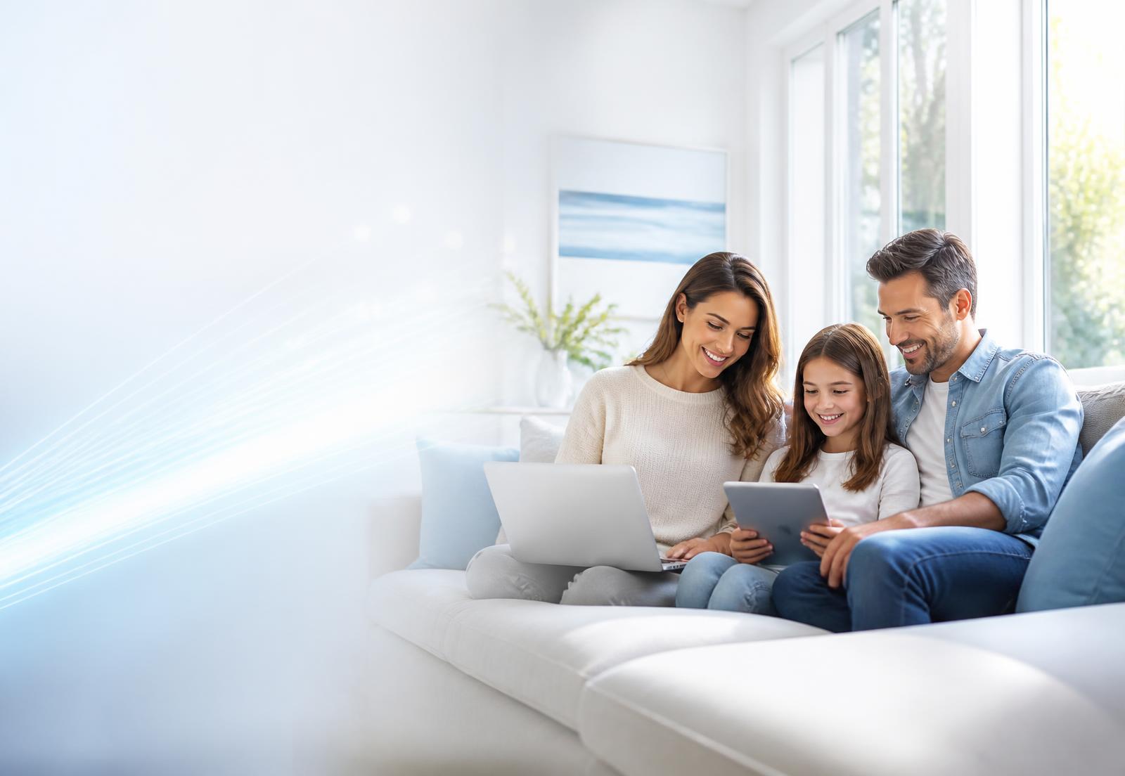 Fiber optic strands carrying light into a modern home network